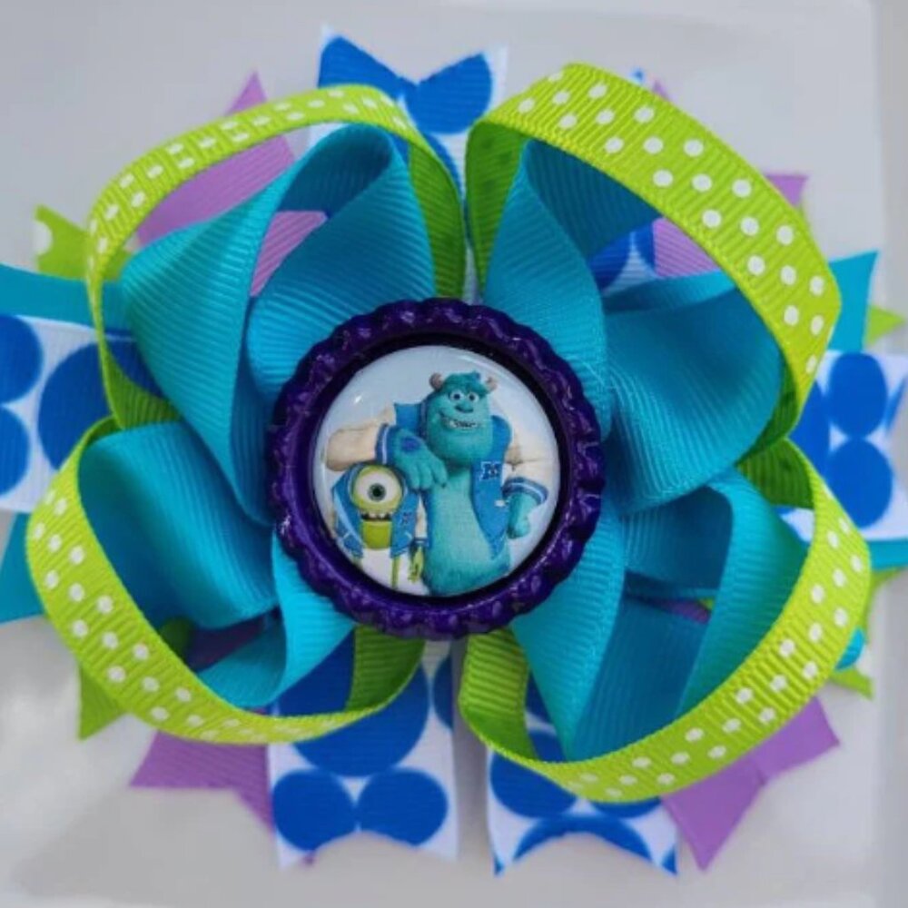 Monsters Inc Pixar Disney Lavender White Turquoise Green Bottle Cap Hair Bow 5"